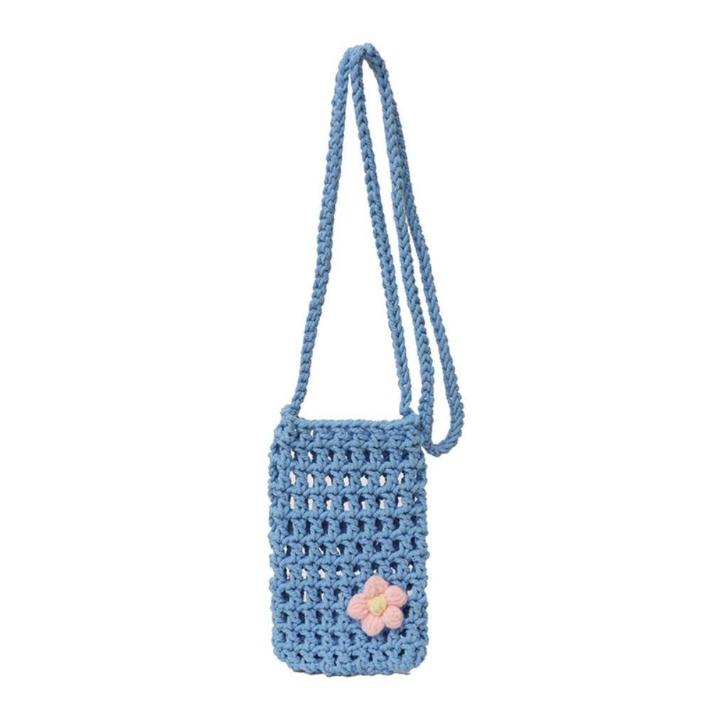 Sweet Flower Weaving Crossbody Bag Hollow Square Crochet Phone Bag Solid Handmade Knitted Messenger Bag Outdoor