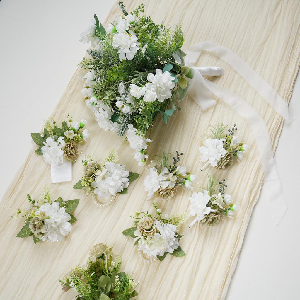 8PCS Green White Artificial Wedding Flowers Set Bridal Bouquet Boutonnieres Corsage for Wedding Ceremony Anniversary Prom Decor