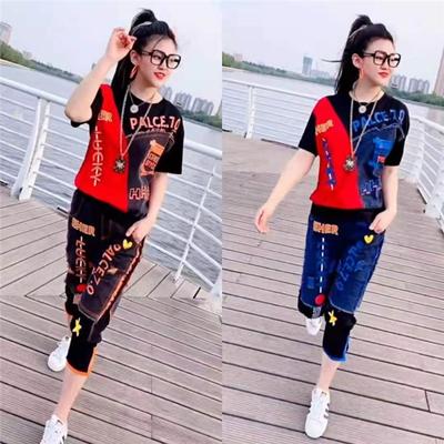 Women's Casual 2-Piece Outfit - Printed Color Block T-Shirt Cropped Jogger Pants Streetwear Summer Sportswear Set