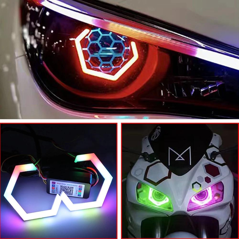 60mm 70mm 80mm 90mm RGB Hexagon LED Angel Eyes with Turn Signal Halo Rings Car Headlights Drl 12-24V for Motorcycle Offroad 4X4