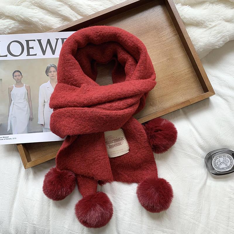Scarf New Christmas Scarf Wool Knitted Gentle Wind Imitation Cashmere Scarf with Hairball