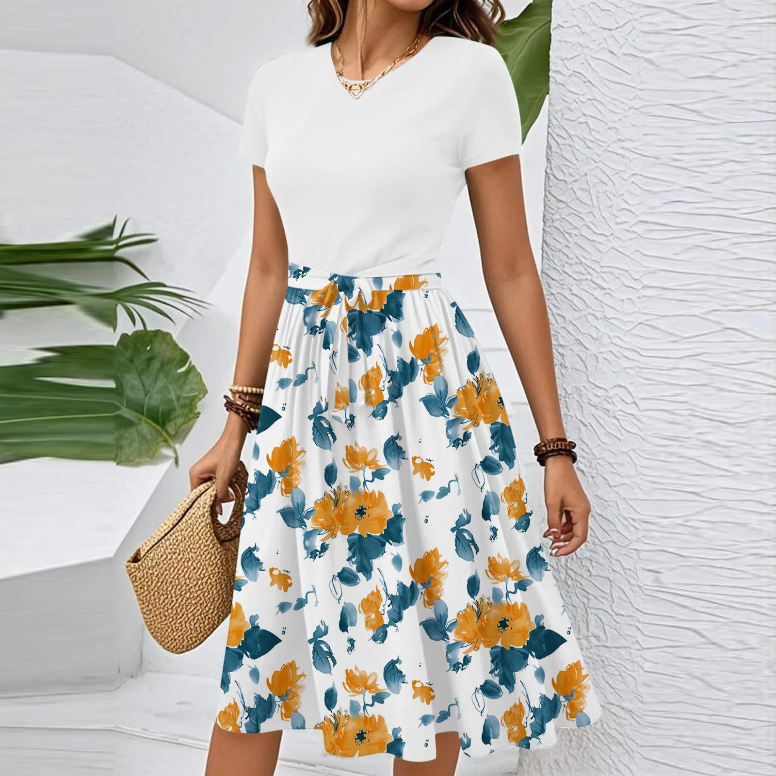 

Жіноча повсякденна мода з поясом, квітковим принтом, короткими рукавами та круглим вирізом, елегантна сукня M білий