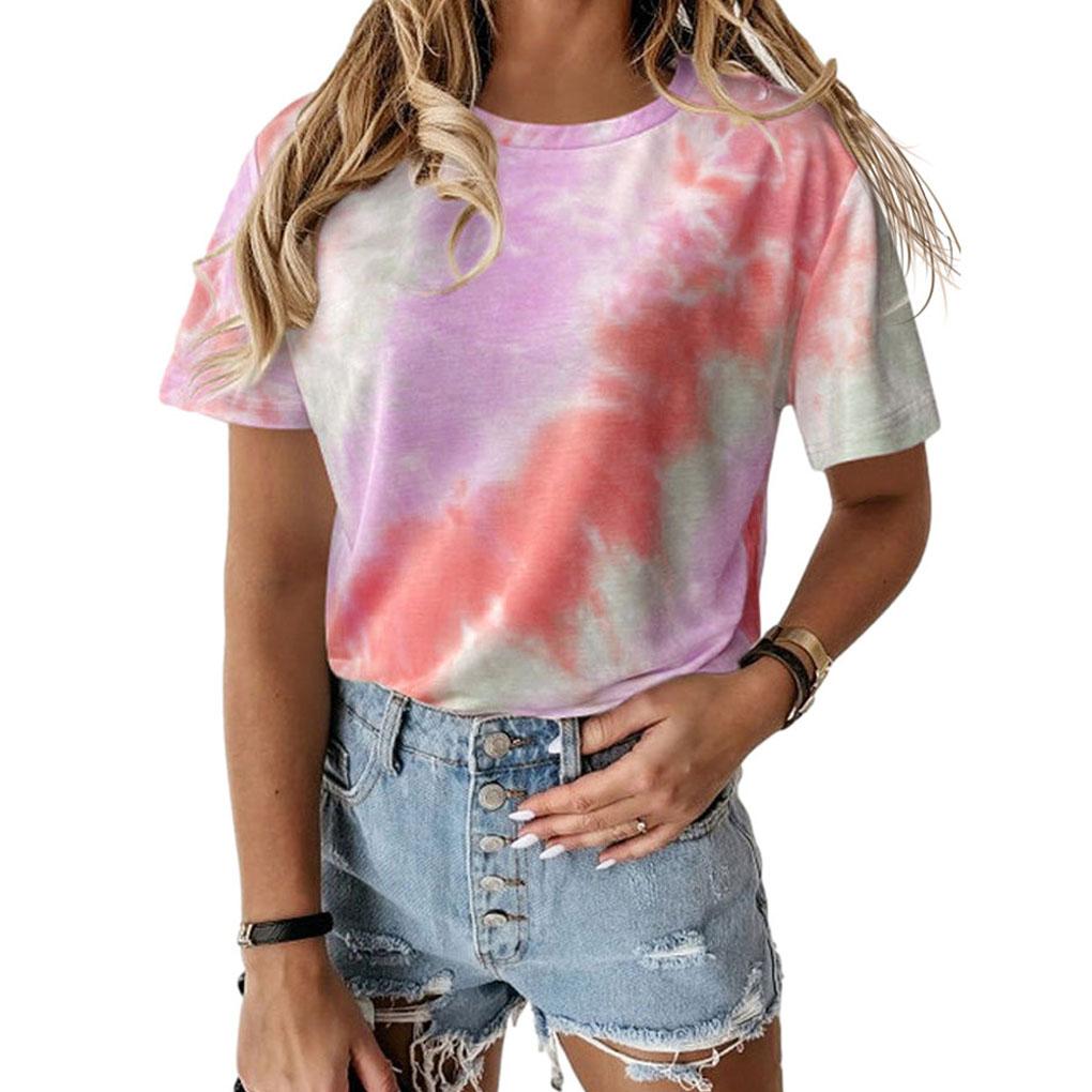 Women Tie-dye Printed Round Neck Short Sleeve Shirt