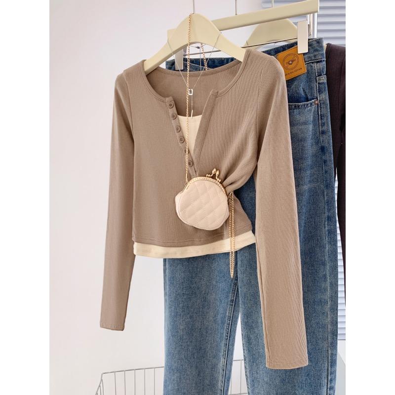 

Fake two-piece button-up top women s spring retro contrasting color splicing long-sleeved shirt bottoming shirt XL хакі
