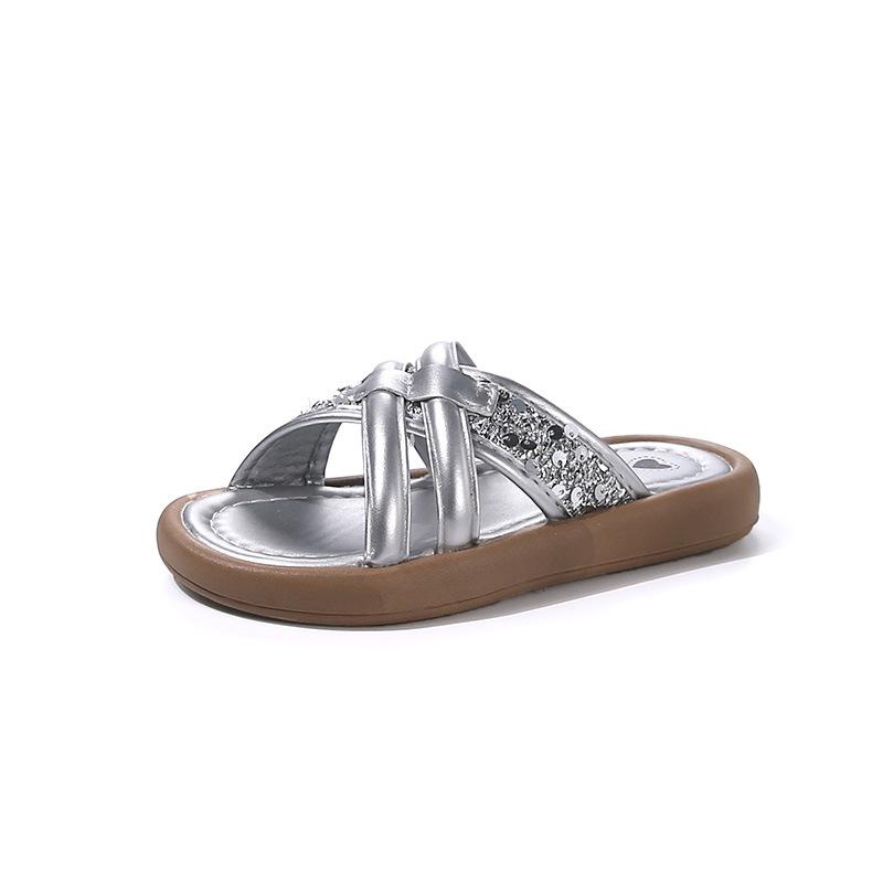 

Girls Slippers Korean Style Outdoors Children Princess Shoes Shiny Sequins 2025 Summer New Kids Casual Slippers Soft Bottom 26 серебряный