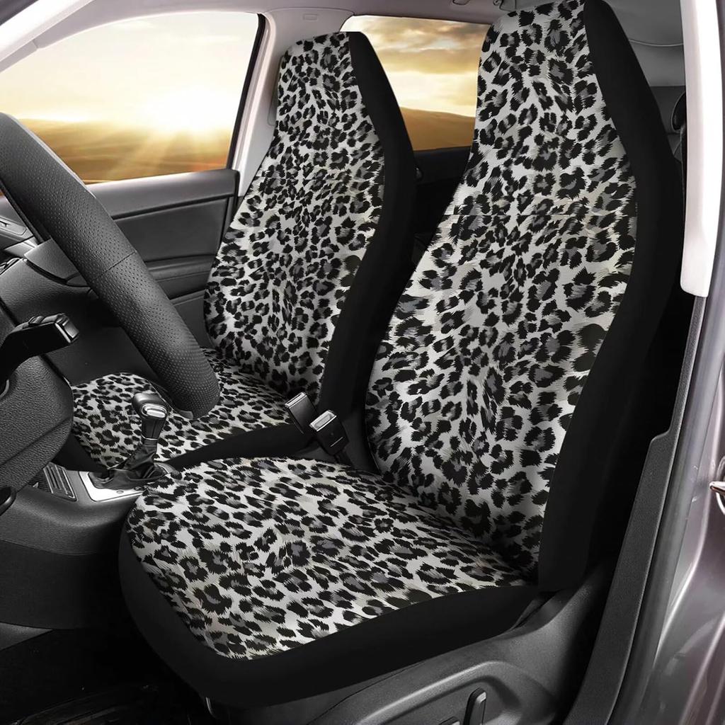 Bulopur Grey Leopard Print Auto Seat Cover for Men Women, Car Front Seats Accessories Interior Decor 2 Pcs Suit All Seasons Use