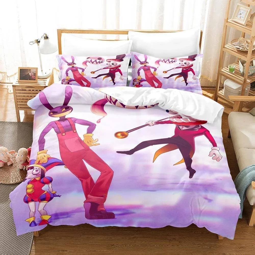 Huse de pilotă și fețe de pernă Pomni Set de așternut Amazing Digital Circus Decorare dormitor adult băiat fată Cadou pentru copii 135x200cm