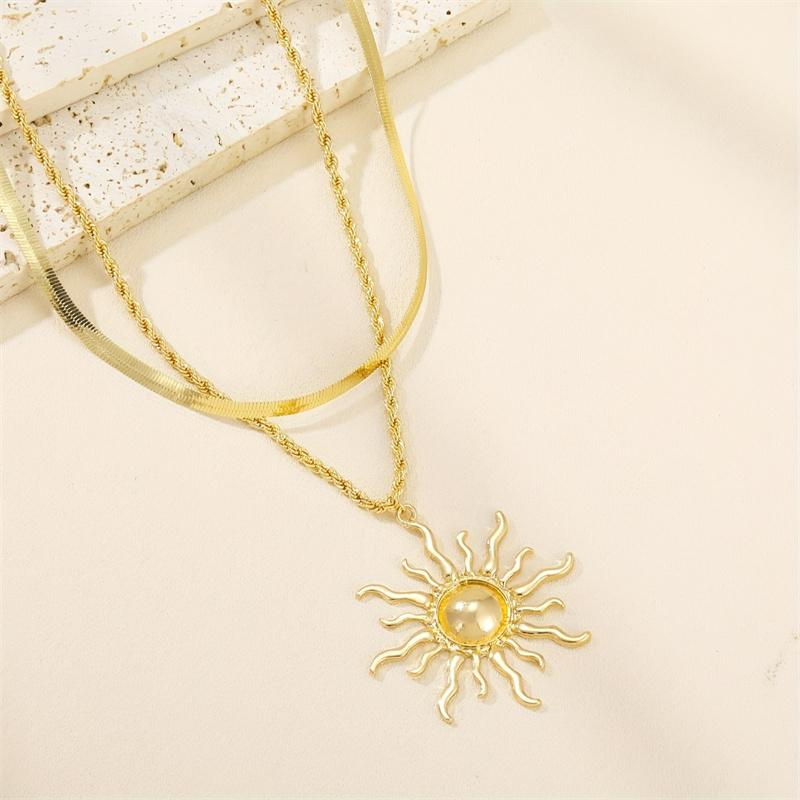 Luxury Double Layer Sun Flame Pendant Necklace for Women Gold Color Snake Bone Chain Necklace Beach Party Neck Jewelry Gifts