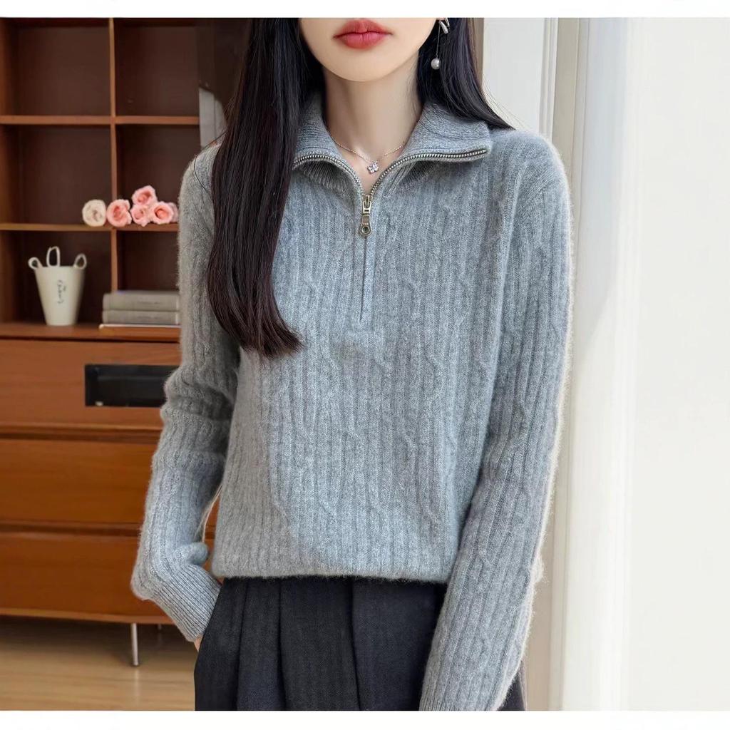 Women's Wool Half-Zip Lapel Sweater - Thick Knit Base Layer for Autumn & Winter