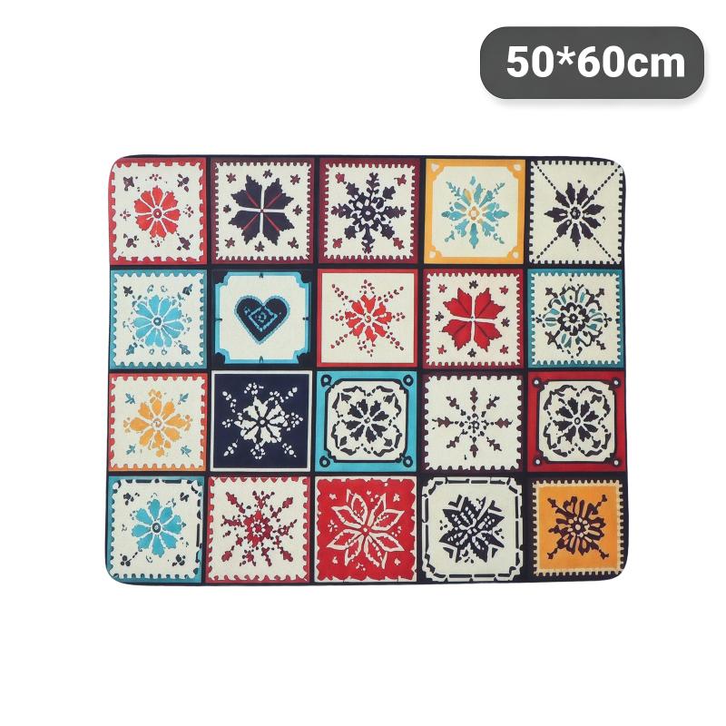 Bohemian Tile Pattern Non Slip Kitchen Drying Mat Water Resistant Countertop Dish Draining Pad for Small Cafe Use