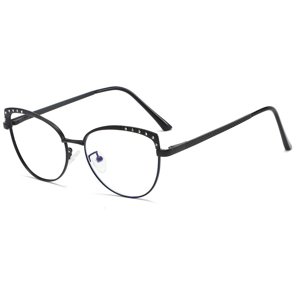 Color-Changing Anti-Blue Light Cat Eye Glasses with Rhinestones and Myopia-Compatible Flat Lenses