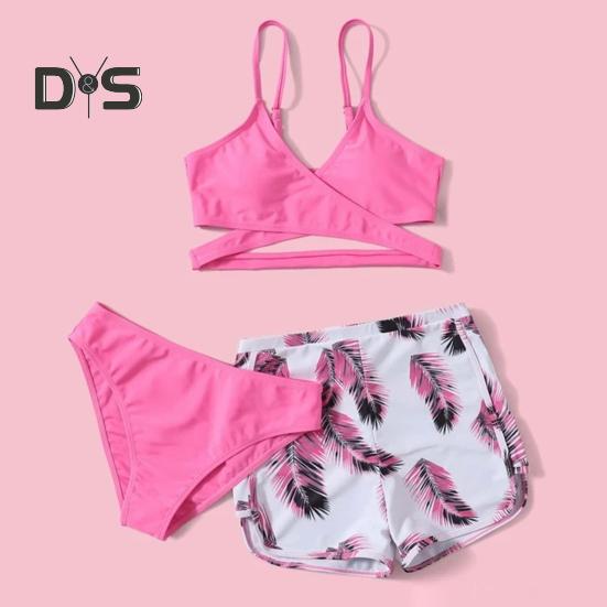 3dílná sada plavek s ramínky, podprsenkou s výstřihem do V a středním pasem, sada plavek, jednobarevné bikiny s kraťasy s potiskem peří