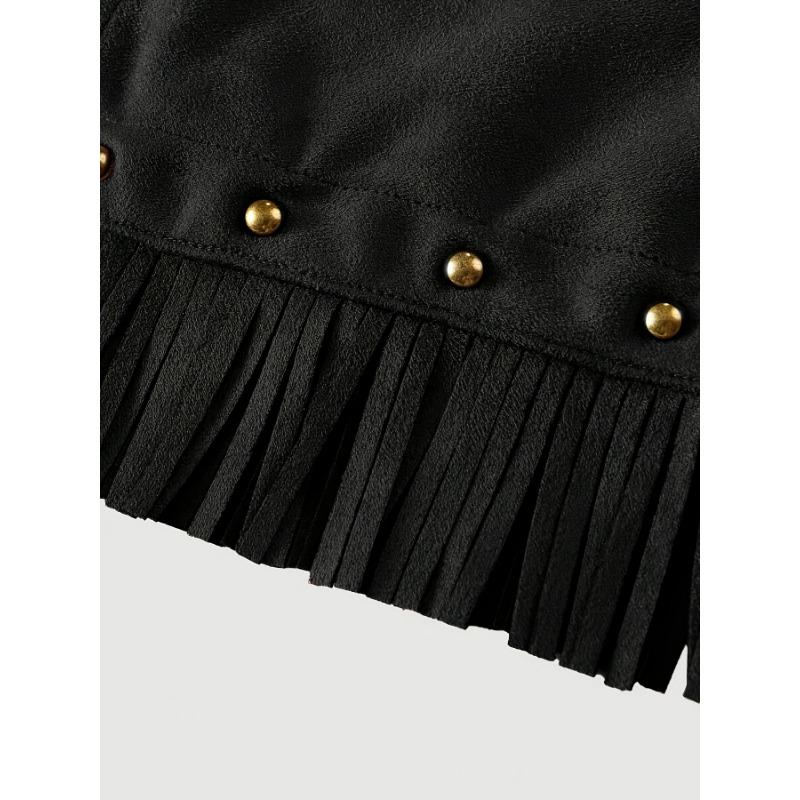 High-Waisted A-Line Tassel Hem Faux Suede Mini Skirt