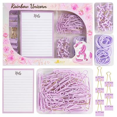 Set de papetărie Macaroon-Color: Agrafe de hârtie, capsator, benzi elastice, caiete cu căptușeală, chinuri, ace de împingere și cleme de legare.