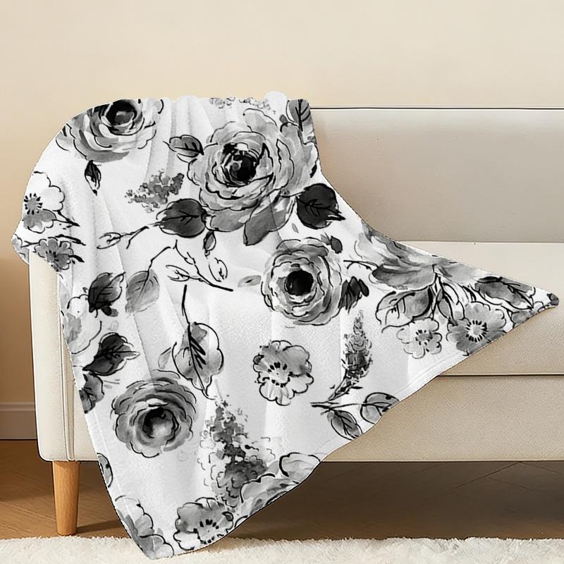 Soft Thick Flannel Blanket with Elegant Ink-Wash Floral Pattern, Warm Cozy for Home Bedroom Guest Room, Single Size, Ideal for Halloween & Christmas