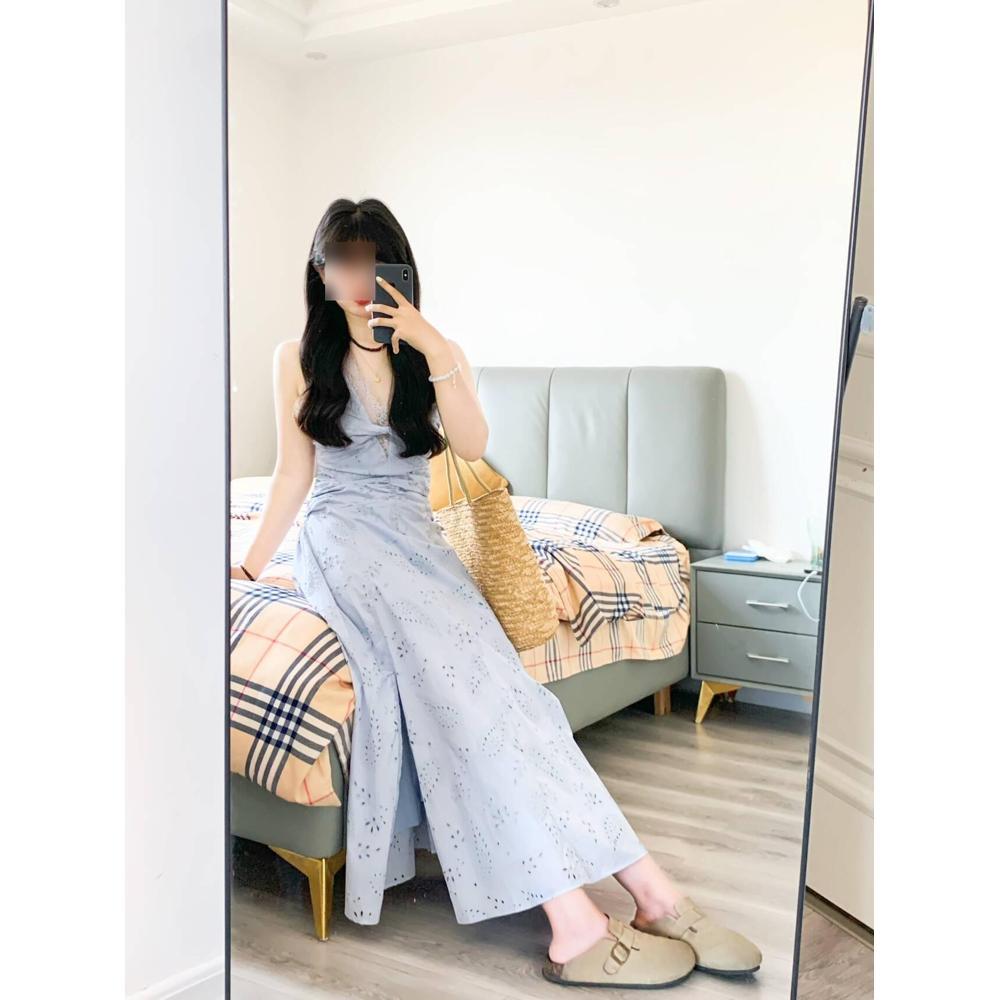 

Women s summer high-end blue sleeveless beautiful pinched waist dress, summer temperament lace splicing hollow dress XL- (recommended 110-60kg)