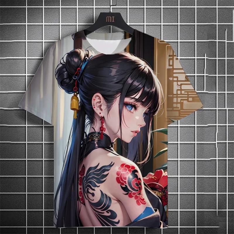 Full Print Beauty Girl Graphic T Shirt For Men Casual Short Sleeve Round Neck Loose Tshirts Tops Men's Oversized Tees Streetwear