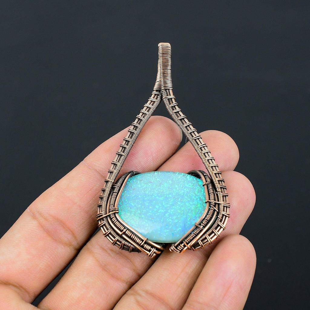 Niebieski Australijski Opal Potrójny Kamień Szlachetny Oplatany Ręcznie Drutem z Czystej Miedzi Wisiorek Biżuteria