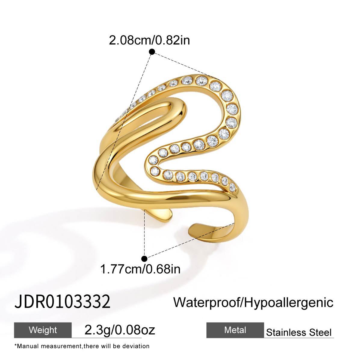 18K Gold PVD Plated Stainless Steel Waterproof Rings for Women Girls Trendy Zircon Wave Open Wedding Jewelry Gfts