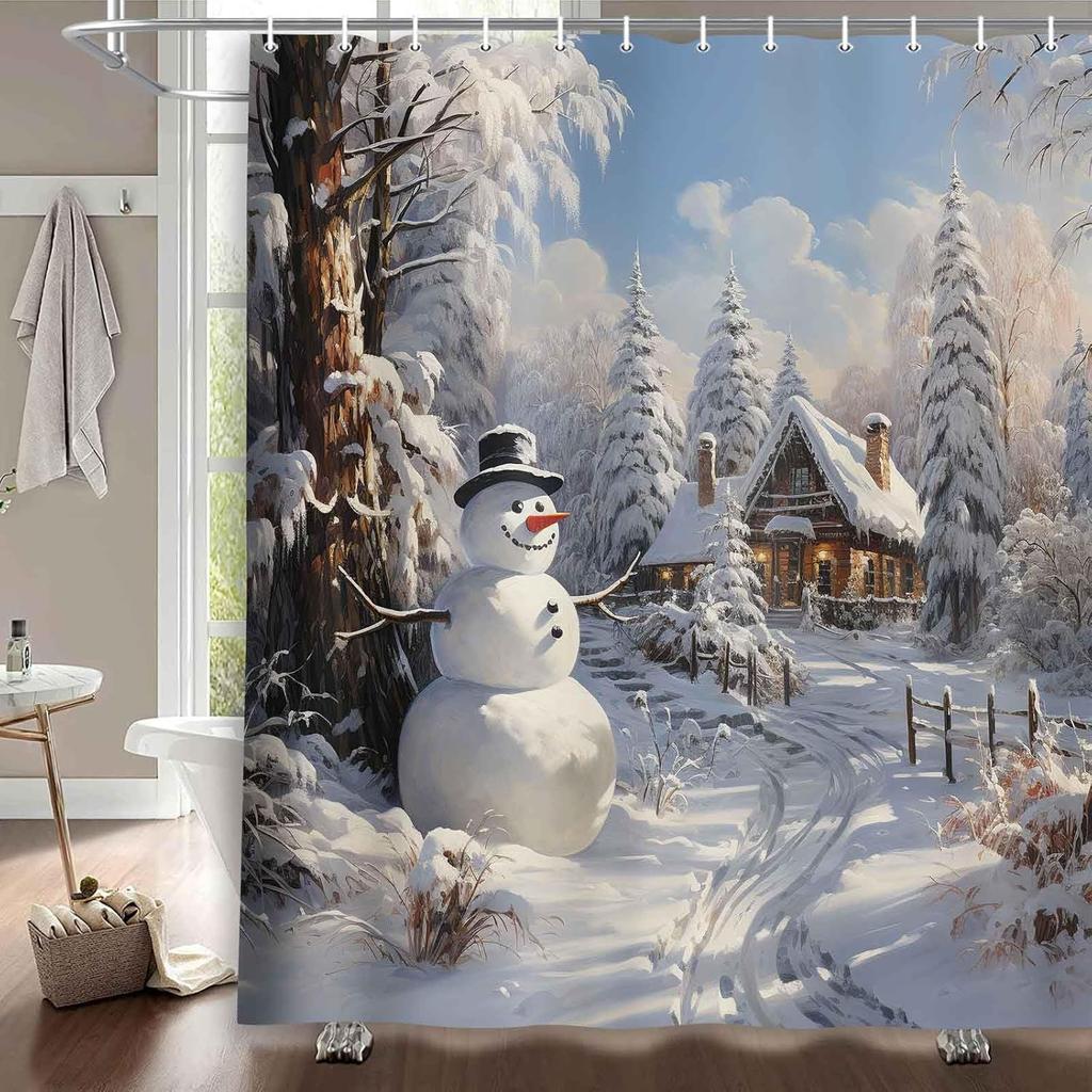MERCHR Christmas Snowman Shower Curtain, Winter Snow Trees Rustic Farmhouse Bathroom Curtains, Durable Waterproof Fabric Bathtub Sets Home Decor 71 x