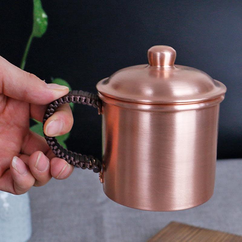 Handcrafted Pure Copper Beer Coffee Mug With lid Weave Handle Thickened Polishing 250 ml Breakfast Couples Gift Cup Drinkware