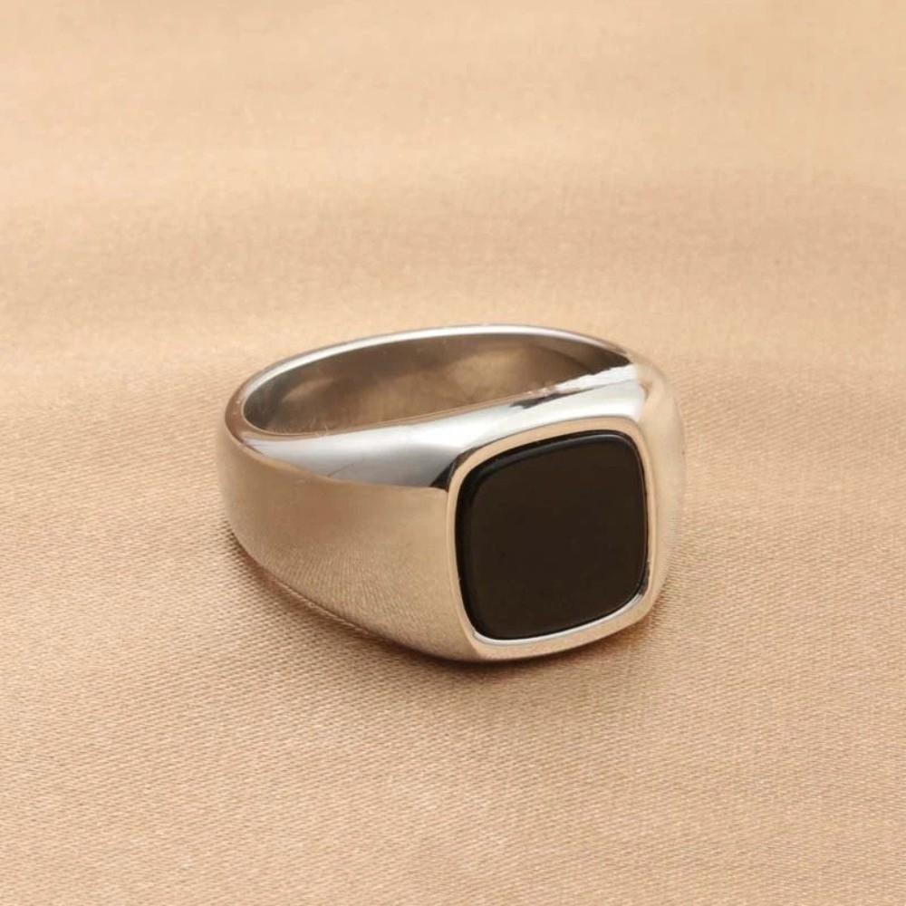 Square Black Stone Square Ring Jewelry Stainless Steel Retro Black Rings Silver Black Personality Glass Stone Rings Funerals