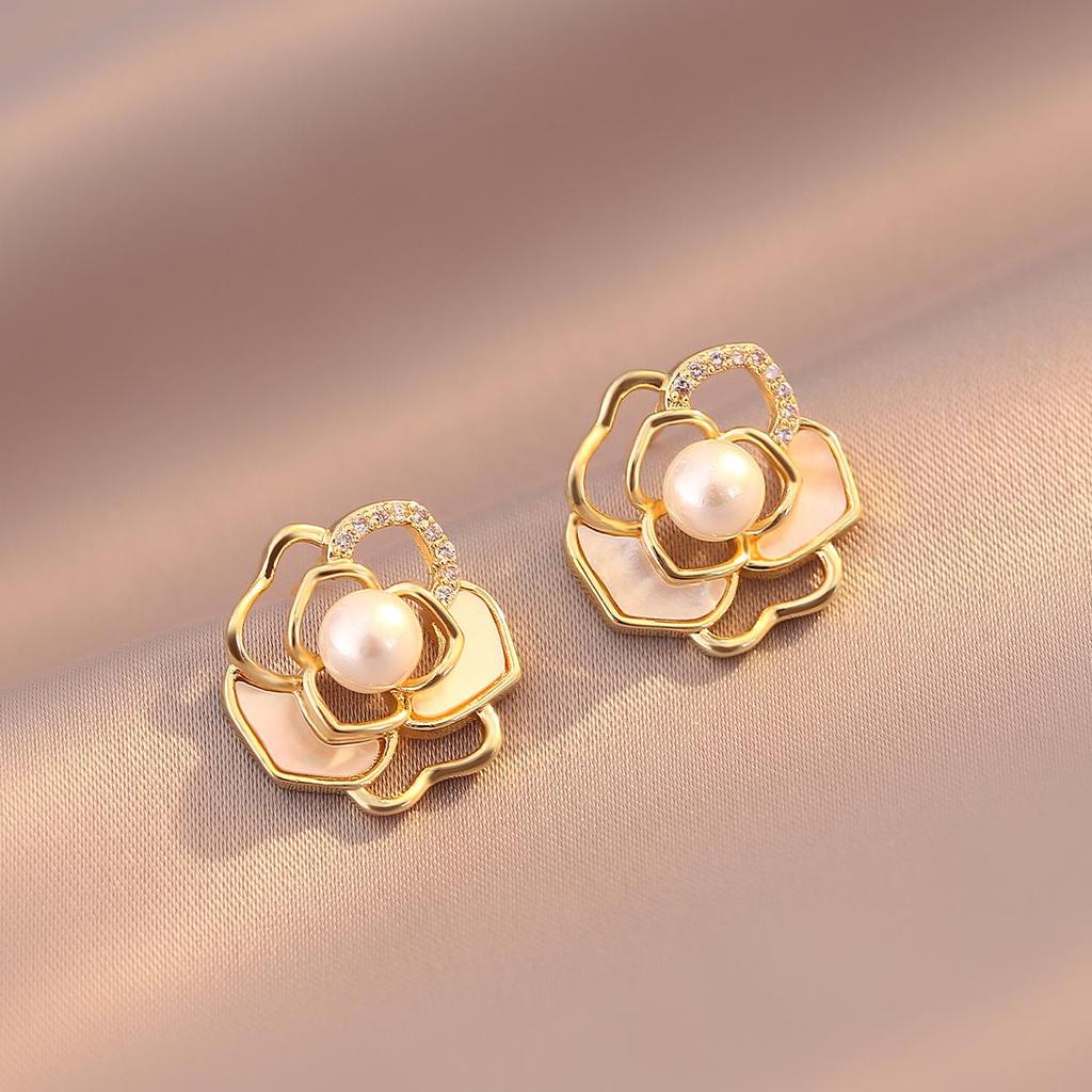 Camellia Mother-of-Pearl Drop Earrings, S925 Silver Studs for Women - High-End Luxury Design