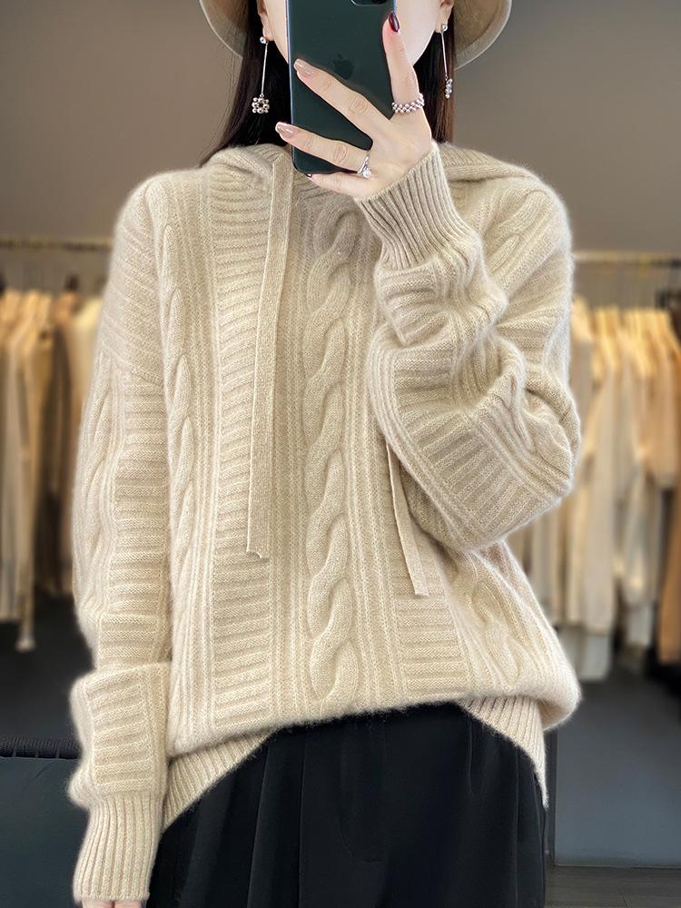 Women's Twisted Flower Cable Knit Wool Hoodie – Thick Pure Wool Sweater for Autumn/Winter