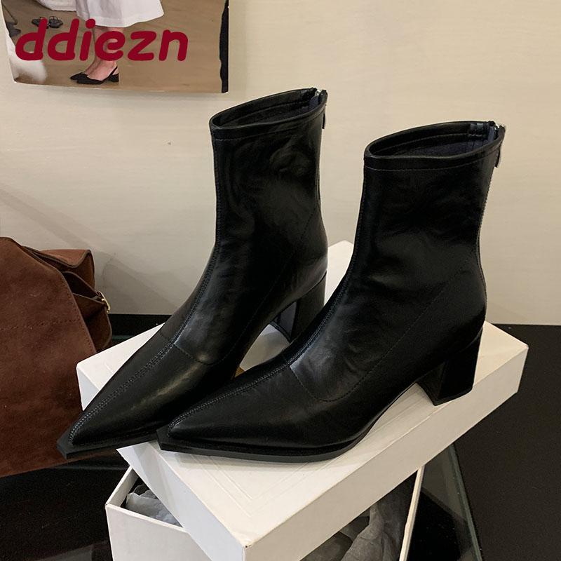 Fashion Fashion Pointed Toe Modern Ladies Short Boots Shoes Female Square Heels Women Ankle Stretch Boots Zippers Shoes Pumps lady