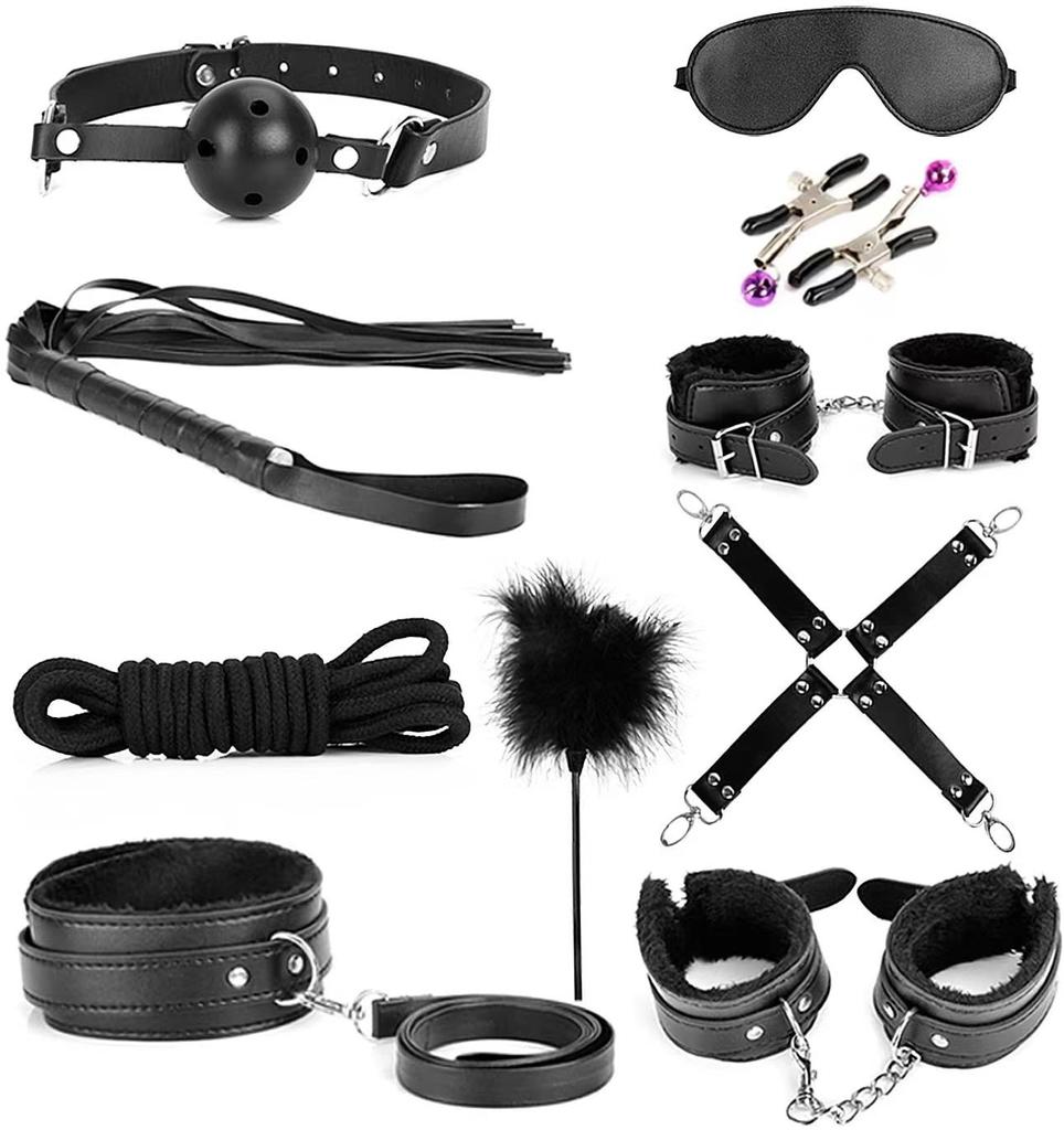 Sexy Leather  Kits Plush Sex Bondage Set Handcuffs Sex Games Whip Gag Nipple Clamps Sex Toys For Couples Exotic Accessories