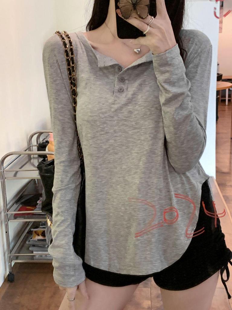 Pure Desire Grey V-neck Long Sleeve Sun Protection T-shirt for Women – Early Autumn Loose Chic Style