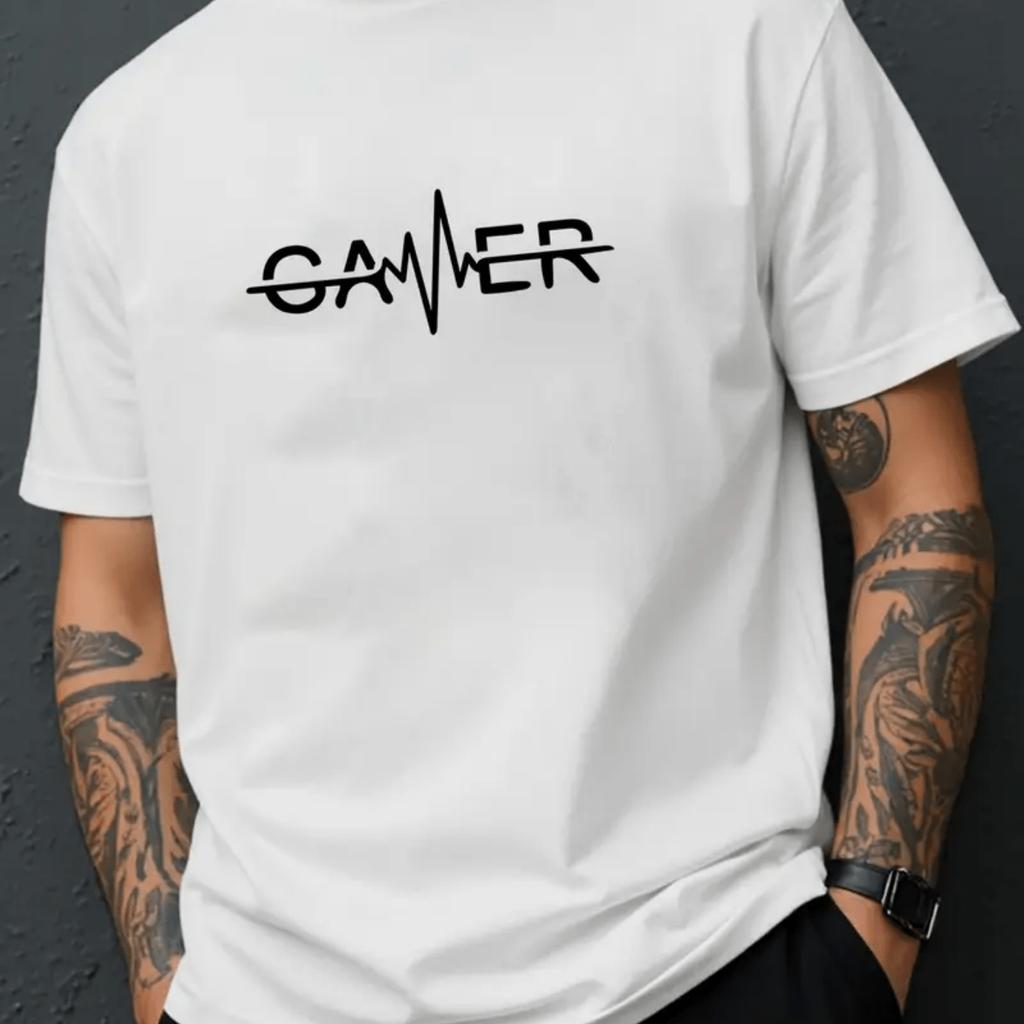 Gamer EKG Heartbeat Graphic Tee Men Casual Round Neck Short Sleeve Summer Cotton TShirt