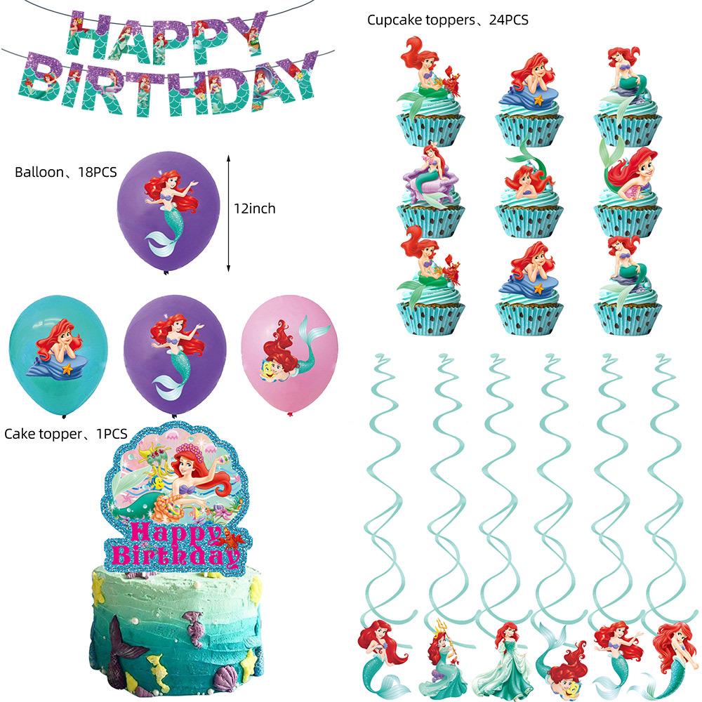Ariel-Themed Birthday Decorations: Banner, Cake Toppers, Balloons & Swirl Supplies