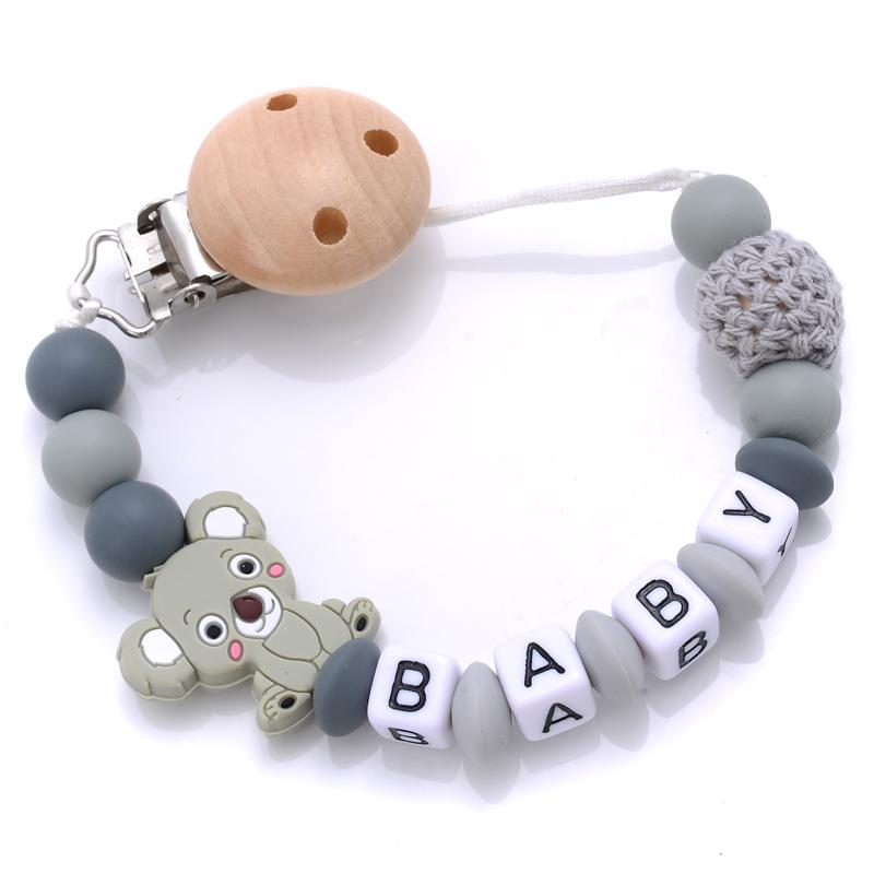 Baby Beech Teether Pacifier Clips Personalized Name Silicone Teether Geometric Crochet Beads Chain Pacifier Clips Nipple Clip серый