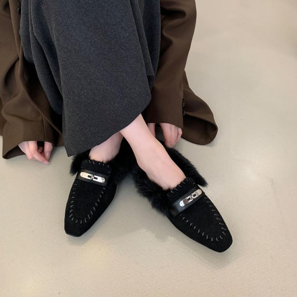 2025 Autumn and Winter New Square Head Rabbit Hair Metal Buckle Hair Low Heel Flat Bottom Doudou Half Drag Women's Shoes