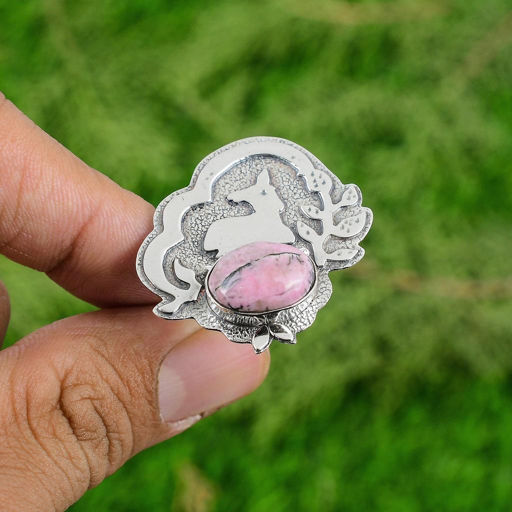Rhodonite Gemstone Sterling Silver Statement Promise Handcrafted Birthday Ring