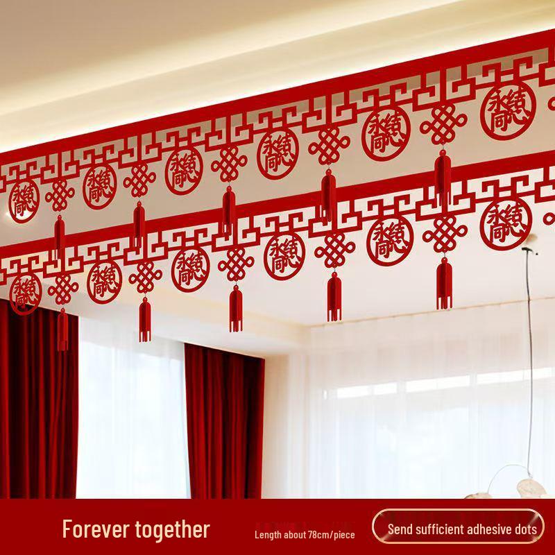 Double Happiness Wedding Room Decorations: Groom s Side Bunting and Floral Art