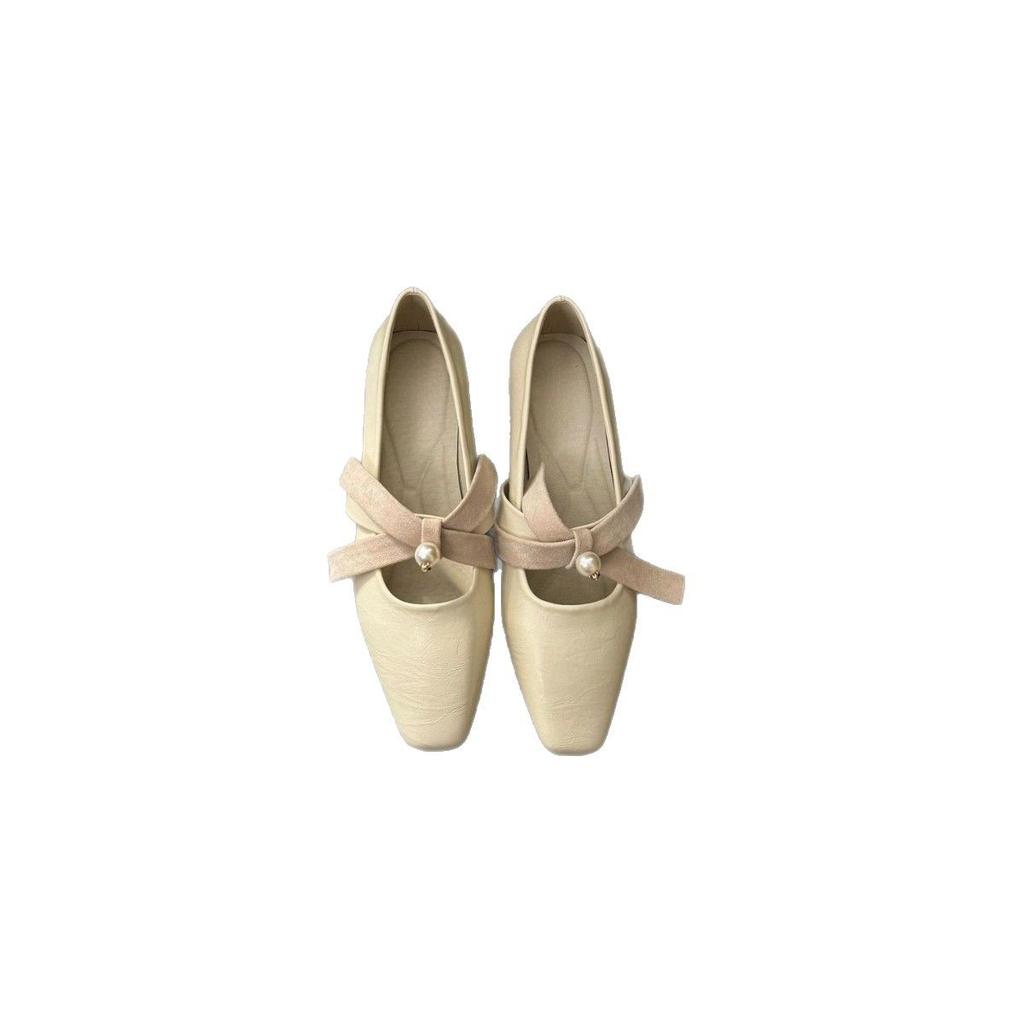 Retro square head single shoes women's thick heels are not tired of feet French high heels women's outer wear socialite style pearl cross belt shoes