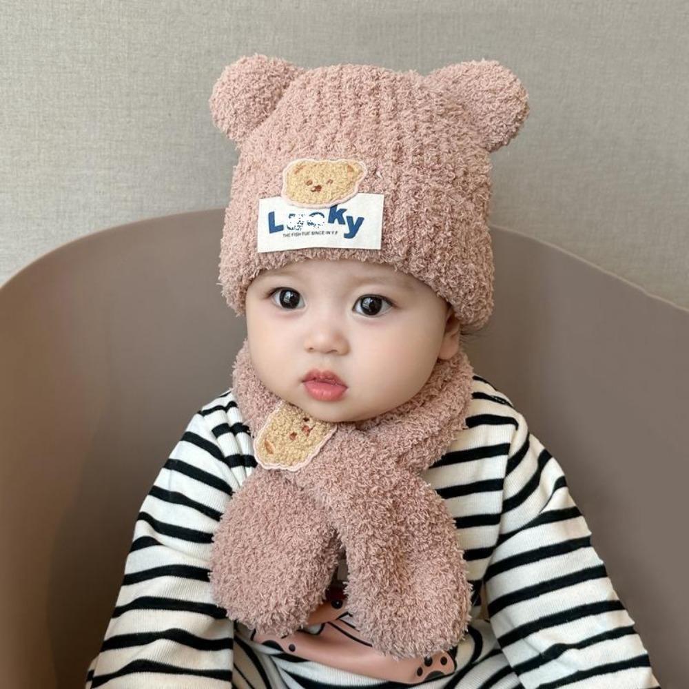 21 Colors Baby Hat Autumn and Winter Plush Scarf Two Sets, Baby Boys and Girls Bear Cute Warm Thickened Toddler Hat