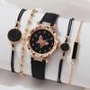 6-Piece Women's Quartz Watch Set: Diamond-Set Dial, Leather Strap, Beaded Bracelets