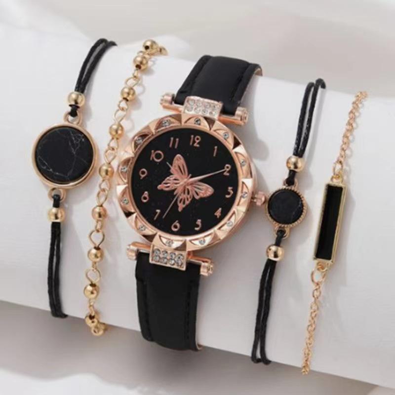 6-Piece Women's Quartz Watch Set: Diamond-Set Dial, Leather Strap, Beaded Bracelets