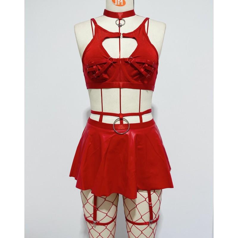 Sexy Lingerie Set: Solid Color Faux Leather Skirt With Mesh Stockings Adjustable Strap Push-Up Bra Roleplay Costume