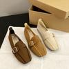 Нишевые туфли на плоской подошве для женщин 2025 новая весна и осень универсальные квадратный носок мелкий вырез мягкая кожа мягкая подошва ремешок с пряжкой Doud