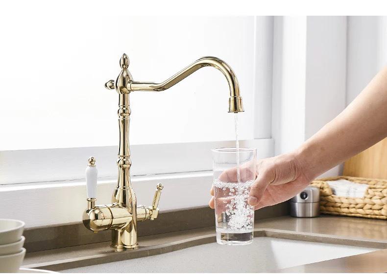 Antique Gold All-Copper 3-in-1 Kitchen Faucet: Hot/Cold Water for Sink & Vegetable Wash Basin, Splash-Proof Design