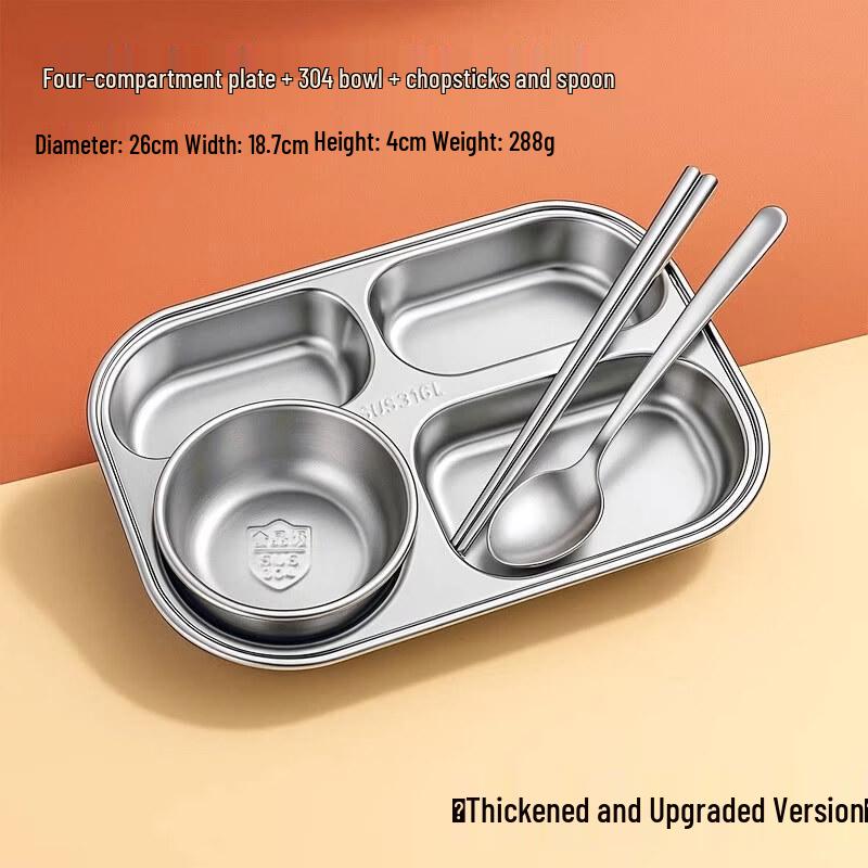 

Thickened 316 Stainless Steel 4-Compartment Lunch Plate Set