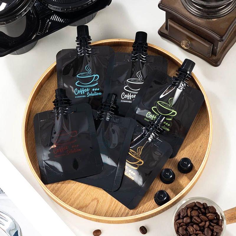 10 Pcs 50/100Ml Plastic Black Self-Standing Coffee Tea Liquid Suction Nozzle Bag Diy Cocoa Matcha Travel Beverage Portable Pouch