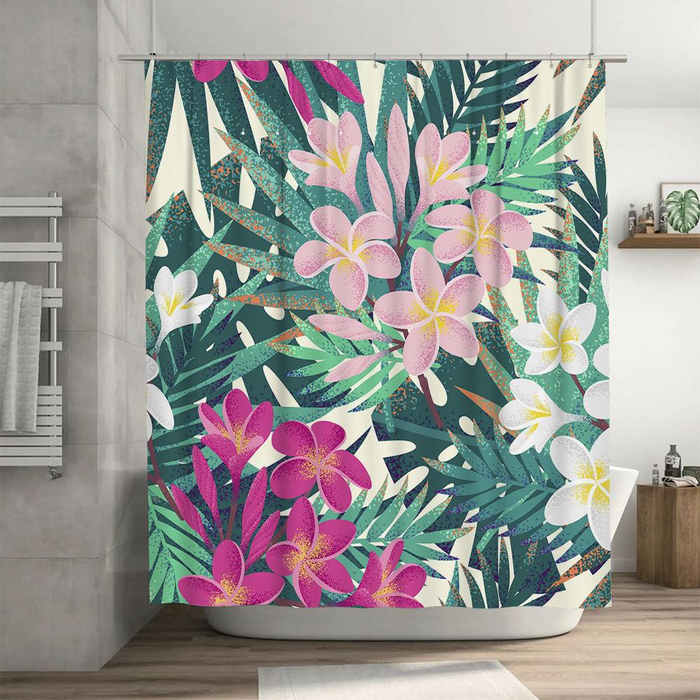 Bright Floral Greenery Shower Curtain Waterproof Fabric Decorative Bath Hanging for Bathroom, Pink White Flowers on Blue Backgro