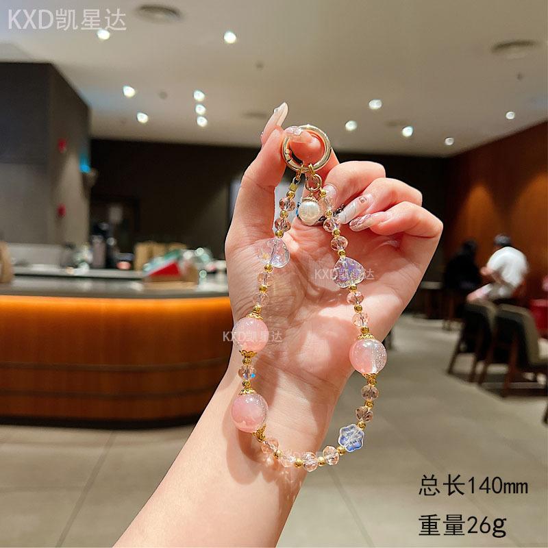 High-end Colorful Heart Crystal Beaded Phone Chain Short Wrist Handheld Keychain Pendant Bag Phone Strap 【Pink】Heart-shaped Cr