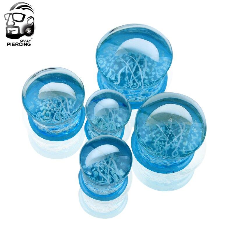 1 çift Moda Delici Çift Cam Çift Flared Beyaz Denizanası Kulak Tıkaçları Saydam Parlak Göl Mavi Okyanus