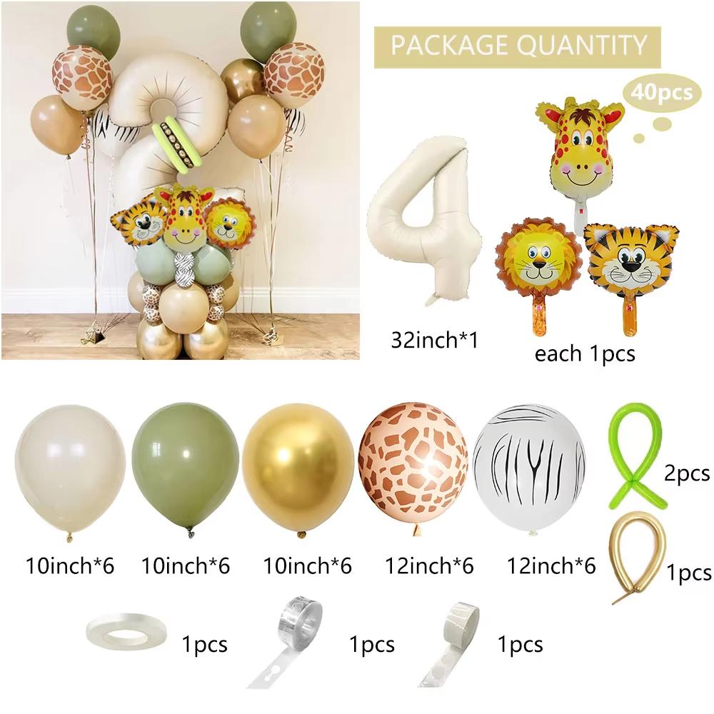 40 pieces new jungle retro animal balloons for kids birthday number 12345 party decoration set with digital columns Tiger Lion